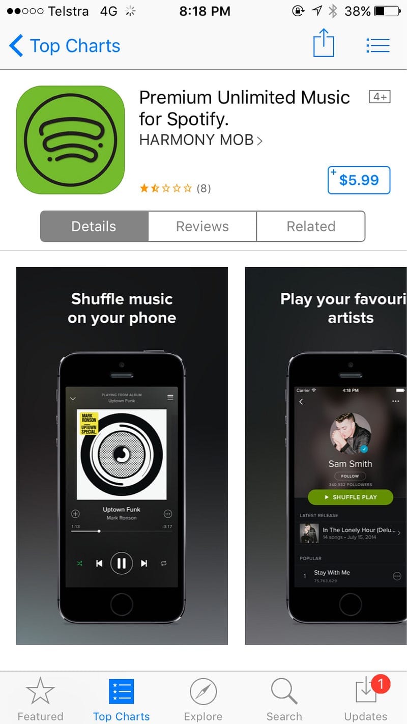 The number 1 paid app on the App Store is a scam with stolen Spotify screenshots